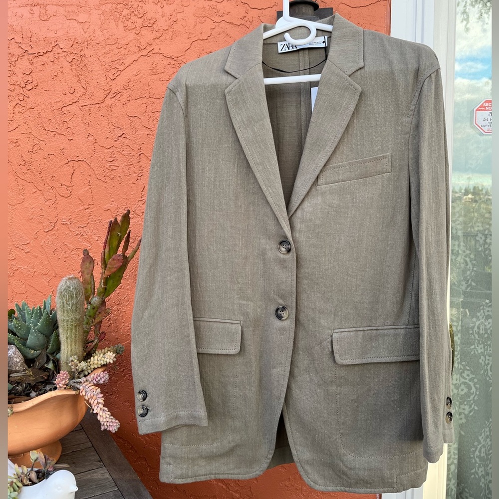 Zara Khaki Linen Blend Straight Cut Blazer Size XS - Picture 6 of 11